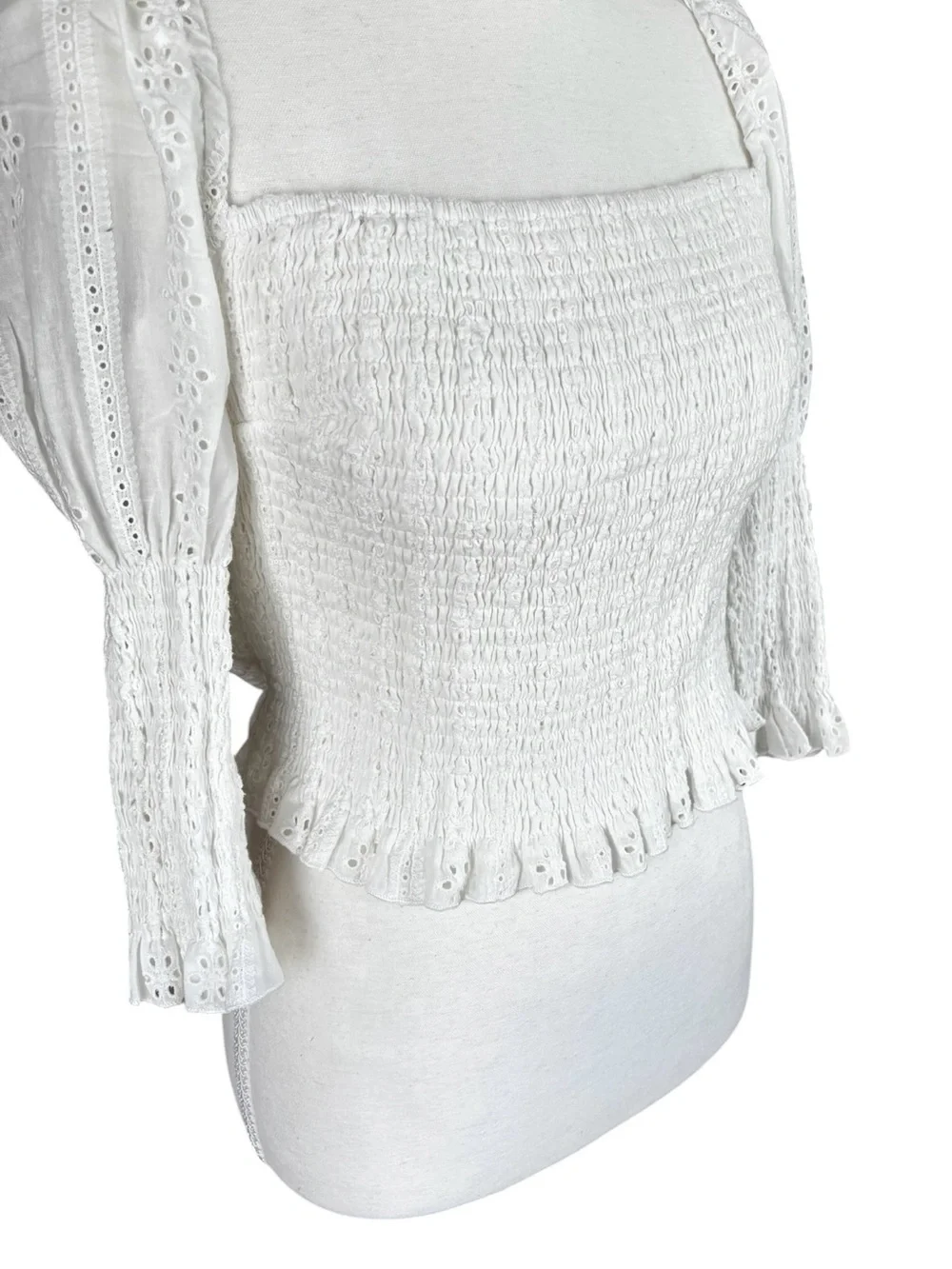 Smocked Square-Neck Eyelet Puff Sleeve Blouse — White